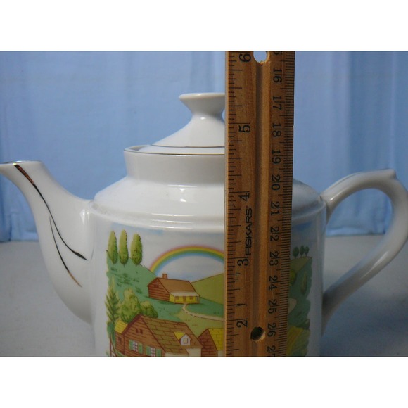 Vintage Ceramic Farmland Rainbow Tea Pot China  with Gold Trim - Picture 7 of 8